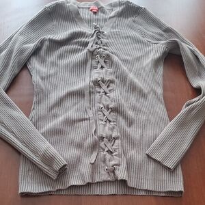 Guess Taupe Lace-Up Ribbed Long Sleeve Top Size XL